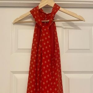Joie Red & Tan Diamond Print Twisted Neck Sleeveless Blouse